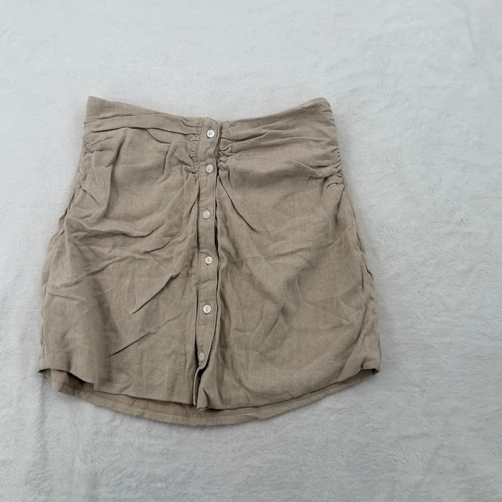 House CB Tayo Mini Skirt Women Small Beige Excellent Linen Ruched Button Front